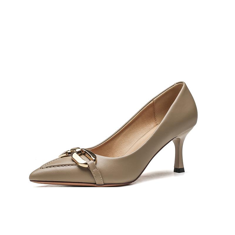 Metal buckle 7cm high heels women's 2025 new French leather pointed head shallow mouth stiletto single shoes not tired feet women's shoes