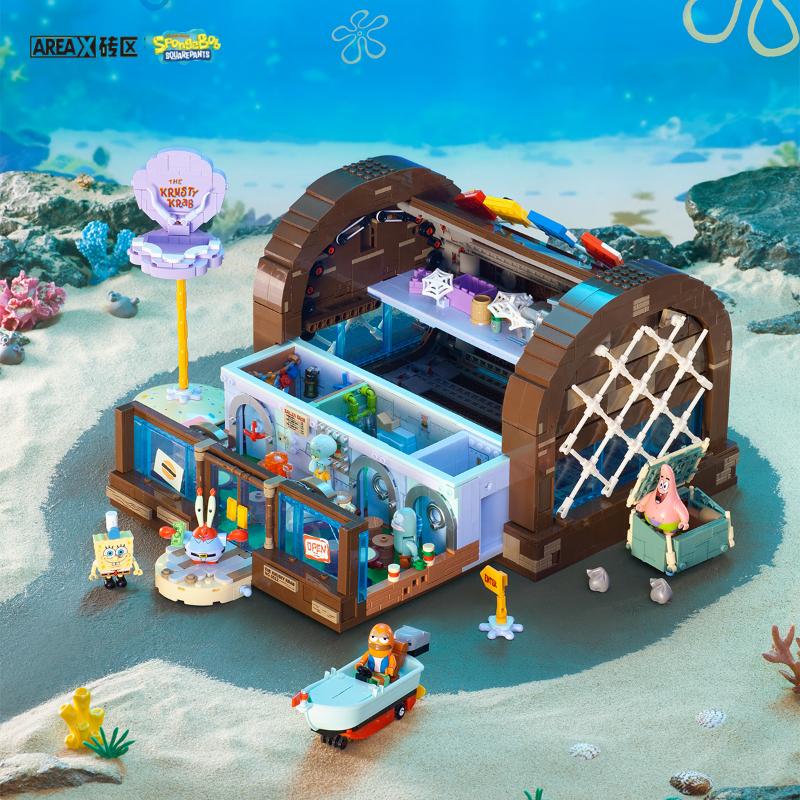 Spongebob building block cartoon Krusty Krab creative restaurant scene model Patrick Star assembly toy children's birthday gift