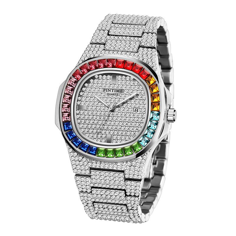 Men Colorful Diamond Quartz Watches Luxury Gold Silver Big Dial Male Wristwatch Sport Business Clock Relogio Masculino