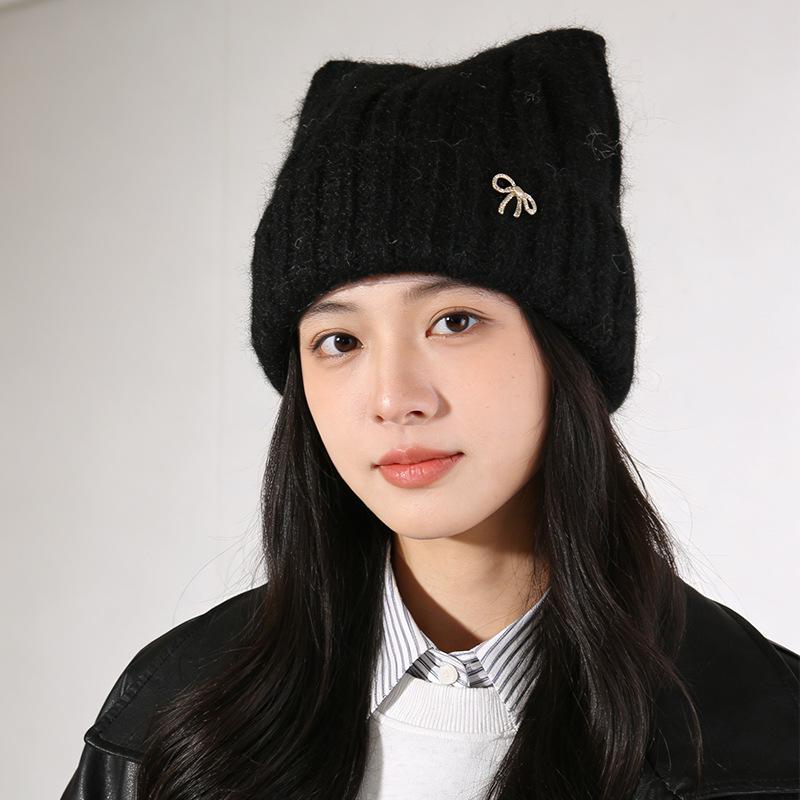 

Knit Beanie Hat ABouthexx Cat Ears Bowknot Rhinestone Thickened Warm Winter Chunky Korean Style Women M（56-60cm） чёрный