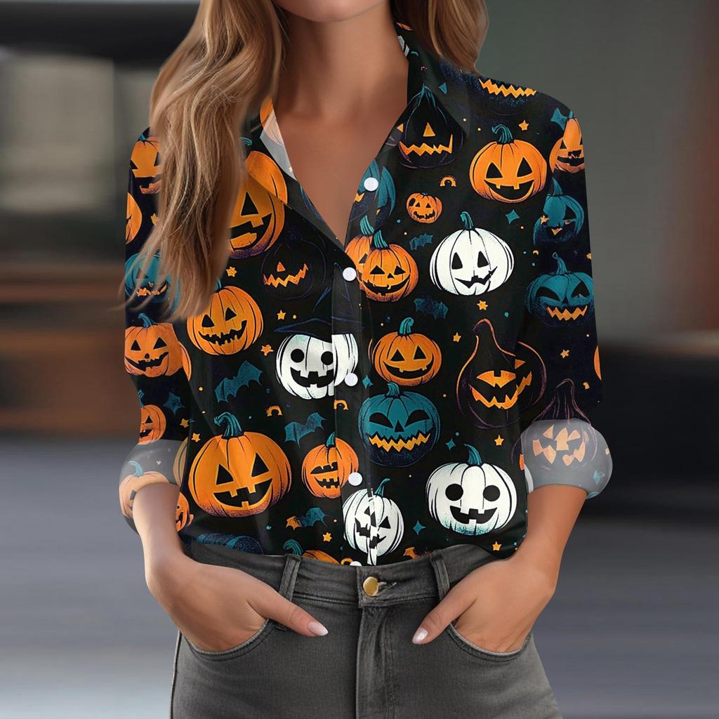 Damen Hemd Bluse Halloween Print Knopf Langarm Lässig Basic Hemdkragen Regulär Top