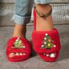 Christmas Crystal Tree Fluffy Fur Slippers Women Winter New Red Warm Short Plush House Shoes Soft Soled Non Slip Open Toe Shoes