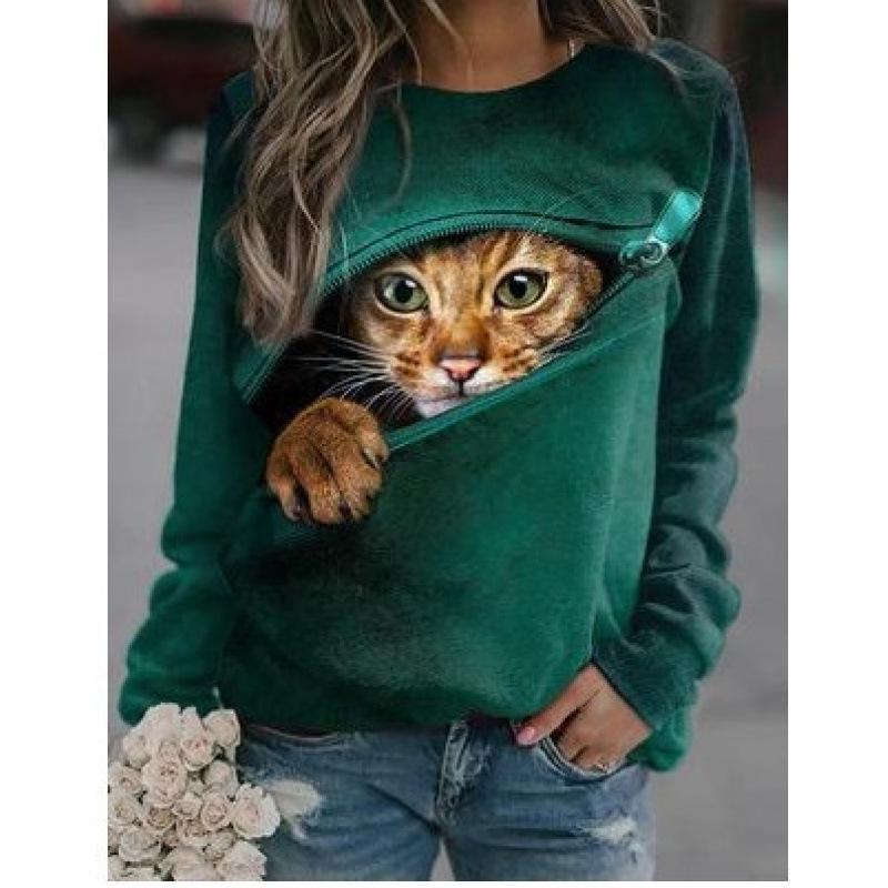 Höst 3D Katt Tryckta Sweatshirts Trendiga Casual Sport Långärmade Dam Sweatshirts