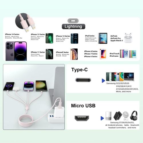 [2024 Model] 4 in 2 Charging Cable USB/Type-C Cable 4 in 2 Charging Cord 3M 3A Fast Charging Charging 4 Devices Simultaneously (Lightning/USB-C/Micro
