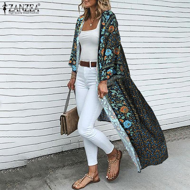 ZANZEA Bohemsk trykk Ferie Hverdagslig Langermet Strand Lang Cardigan Cover-up