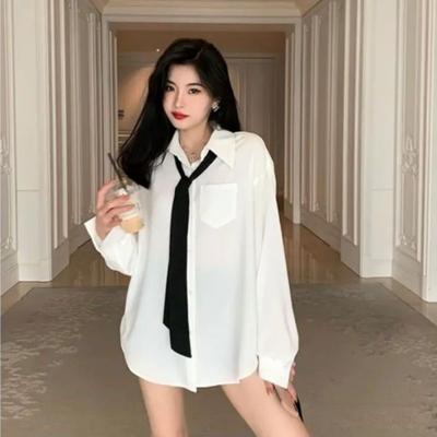 Women's Oversized Lazy Style Long Sleeve Shirt White Casual Blouse for Spring and Autumn, Loose Fit Comfortable Shirt , No Tie Included