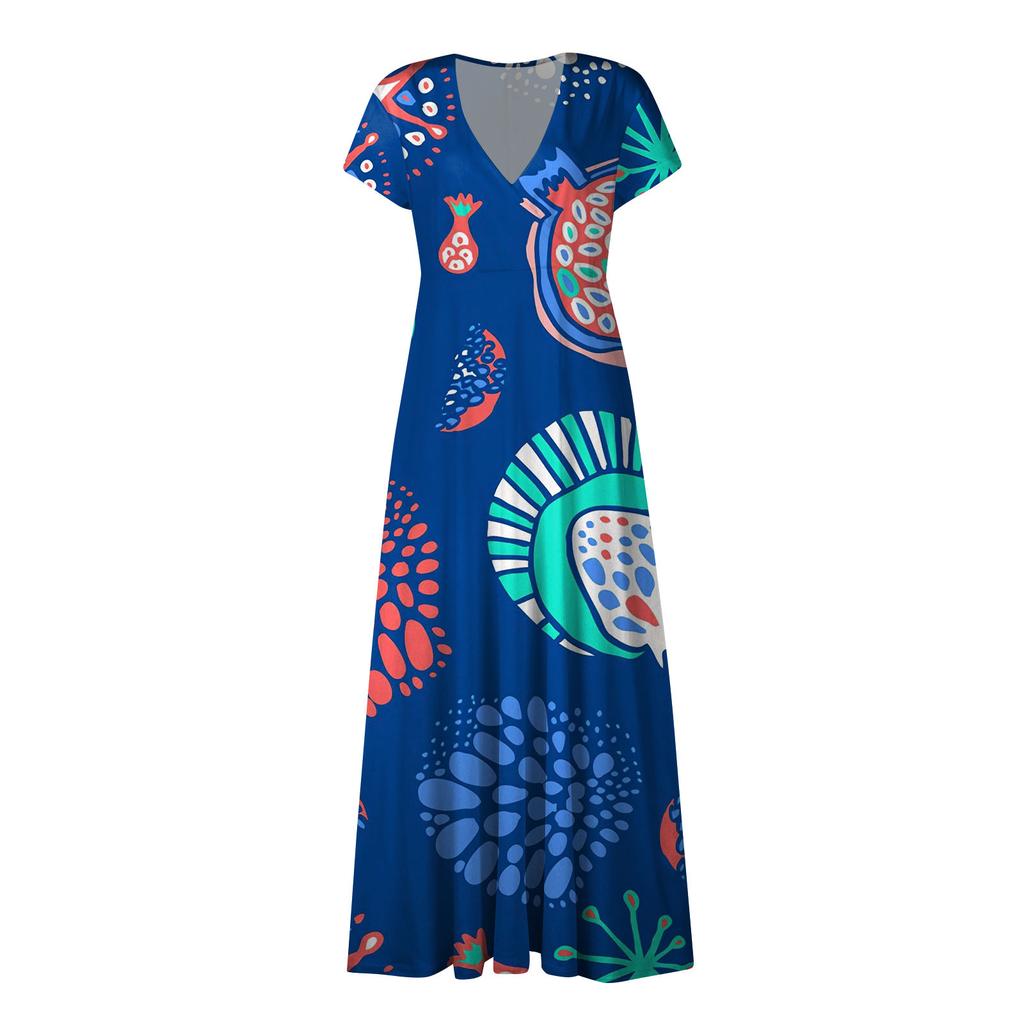 Women's Summer Fruit Printed V-Neck Long Dresses Dresses