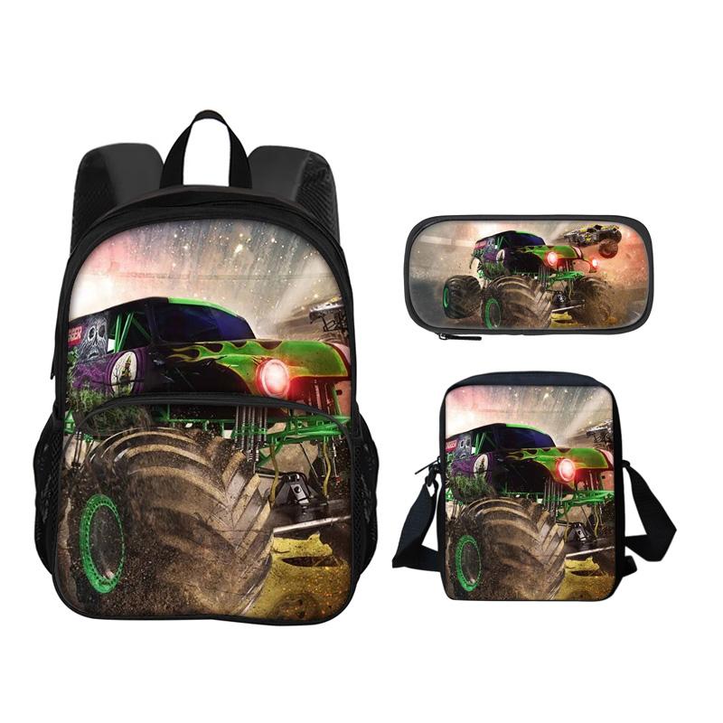 Monster Jam Round Front Bag Backpack Pen Bag Shoulder Bag 3Pcs Set Cartoon Print Student's Best Campus Companion Birthday Gift
