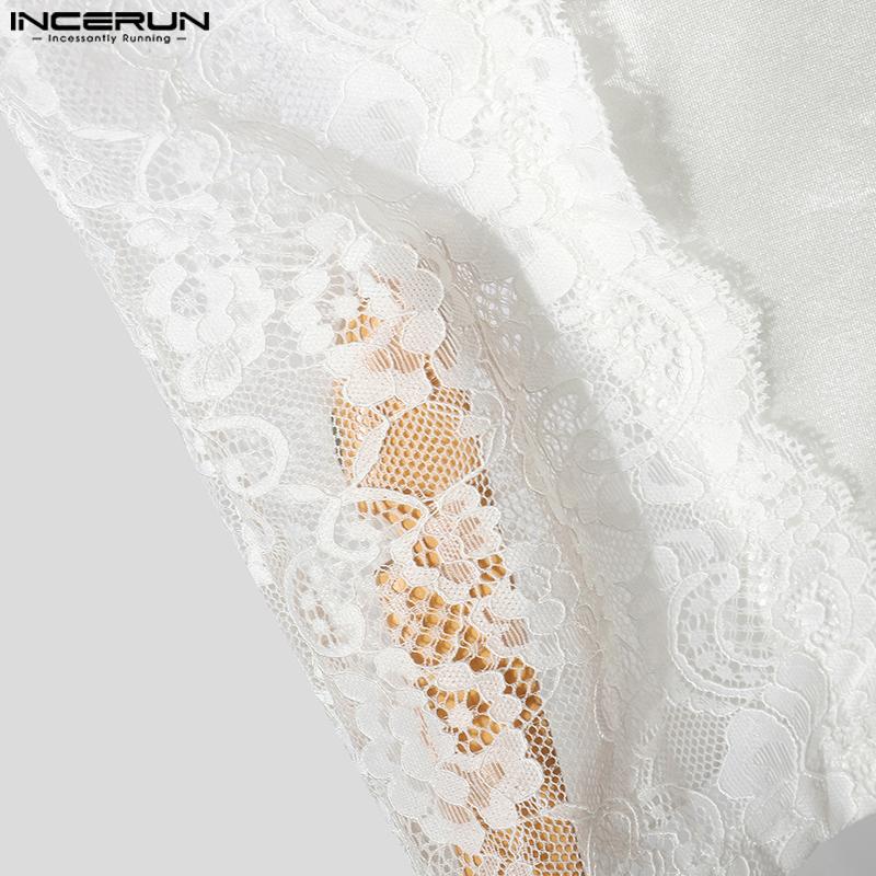INCERUN Men V Neck Sleeveless Letter Print Lace Patchwork Casual Tank Tops