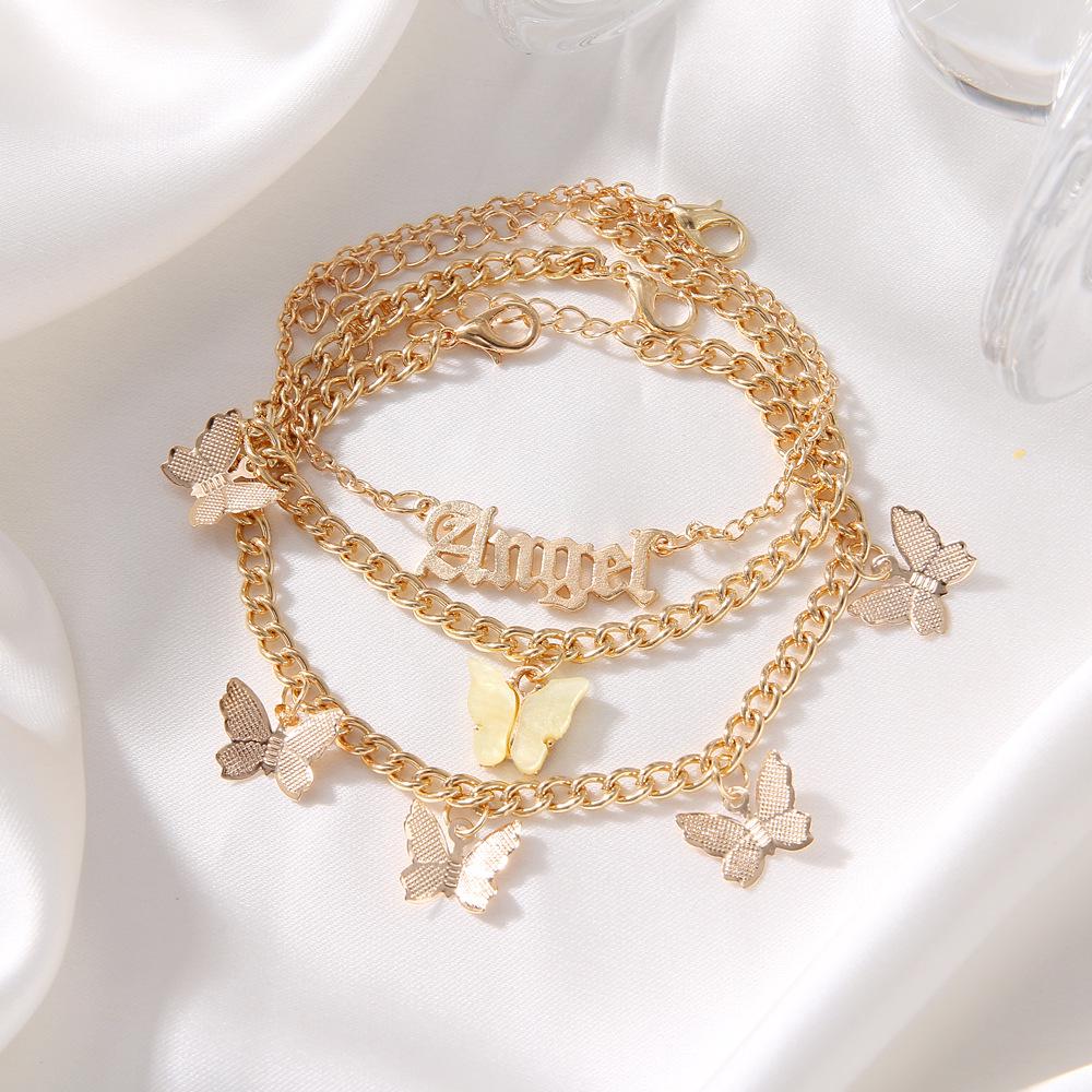 Engel Schmetterling 3-teiliges Mehrschicht-Anhänger Fußkettchen-Set - Europäischer und Amerikanischer Stil