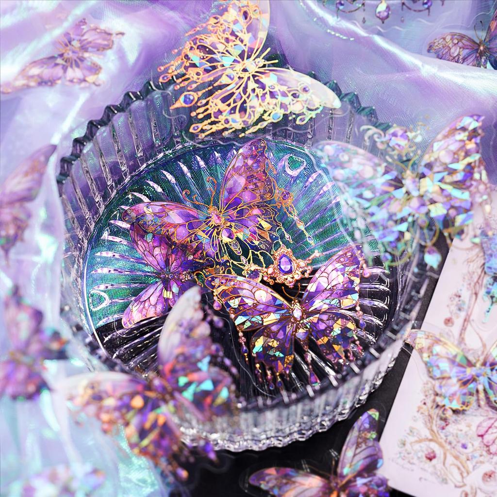 120 Pieces With 6 Themes Butterfly Stickers Set -Gorgeous Crystals Holographic Transparent Resin Waterproof Sticker Decals