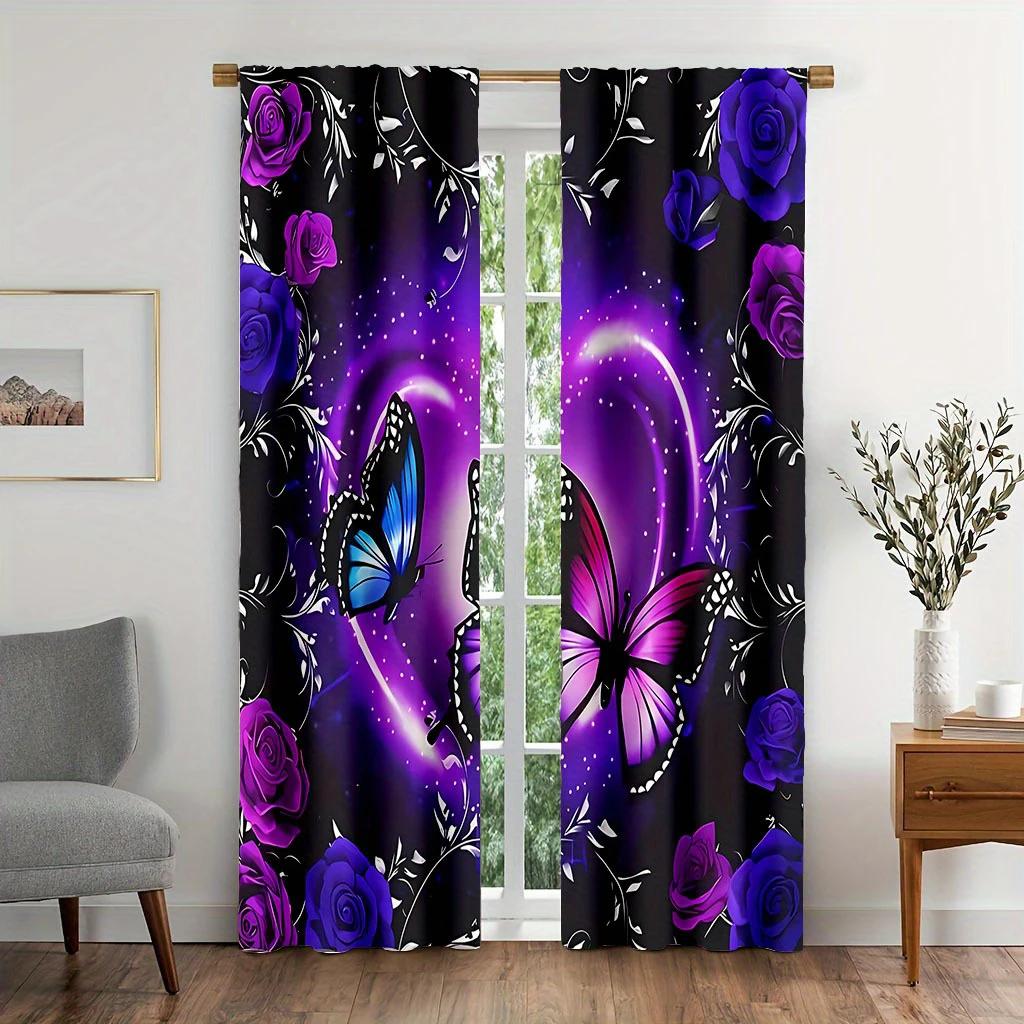 2 Pieces - Purple Fluttering Butterfly Printed Curtains   Bedroom and Living Room   Home Decoration   Room Decoration
