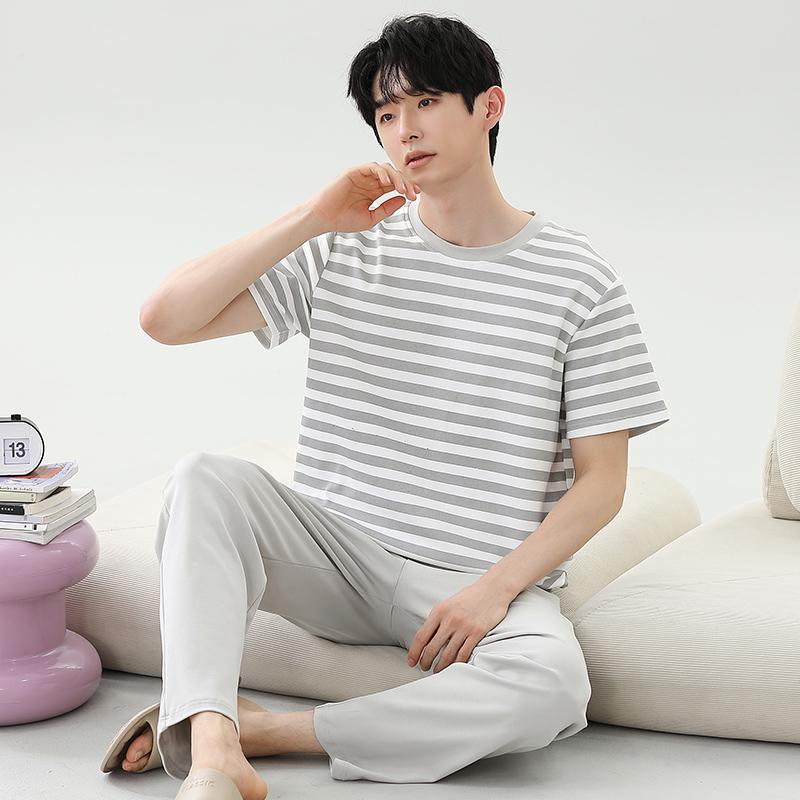 

весна літо бавовна смужка Дозвілля Чоловічий піжамний комплект Еластична талія Дитячий одяг для сну Довгий рукав Нічний одяг М яка піжама Домашній одяг L