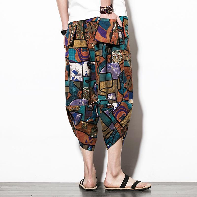 Men's Multicolor Thai Wide-Leg Bloomers - Cotton & Linen Beach Pants, Chinese Style, Spring/Summer.