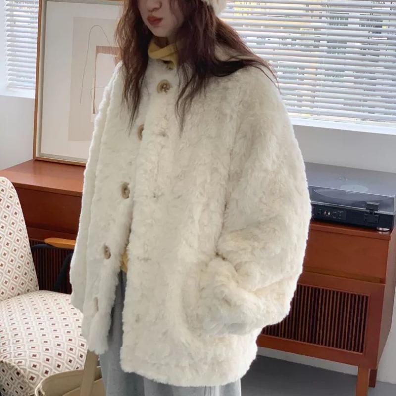 Lamb fur coat women's winter new loose soft waxy small stand-up collar plush top