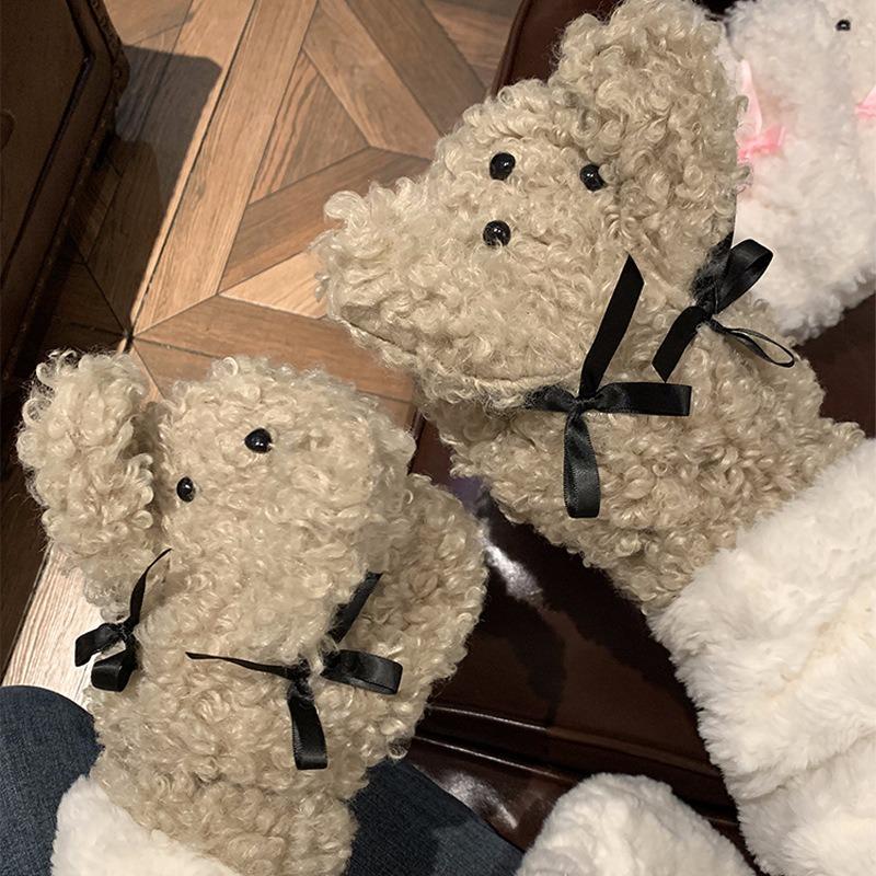 [Scarf, Hat and Gloves Three-piece Set] Plush Bow Gloves for Women's Winter Warm, Thickened and Cold-proof Riding