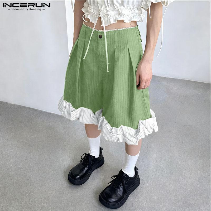 INCERUN Men Zip-up Waist Striped Ruffled Hem Loose Half Pants Shorts