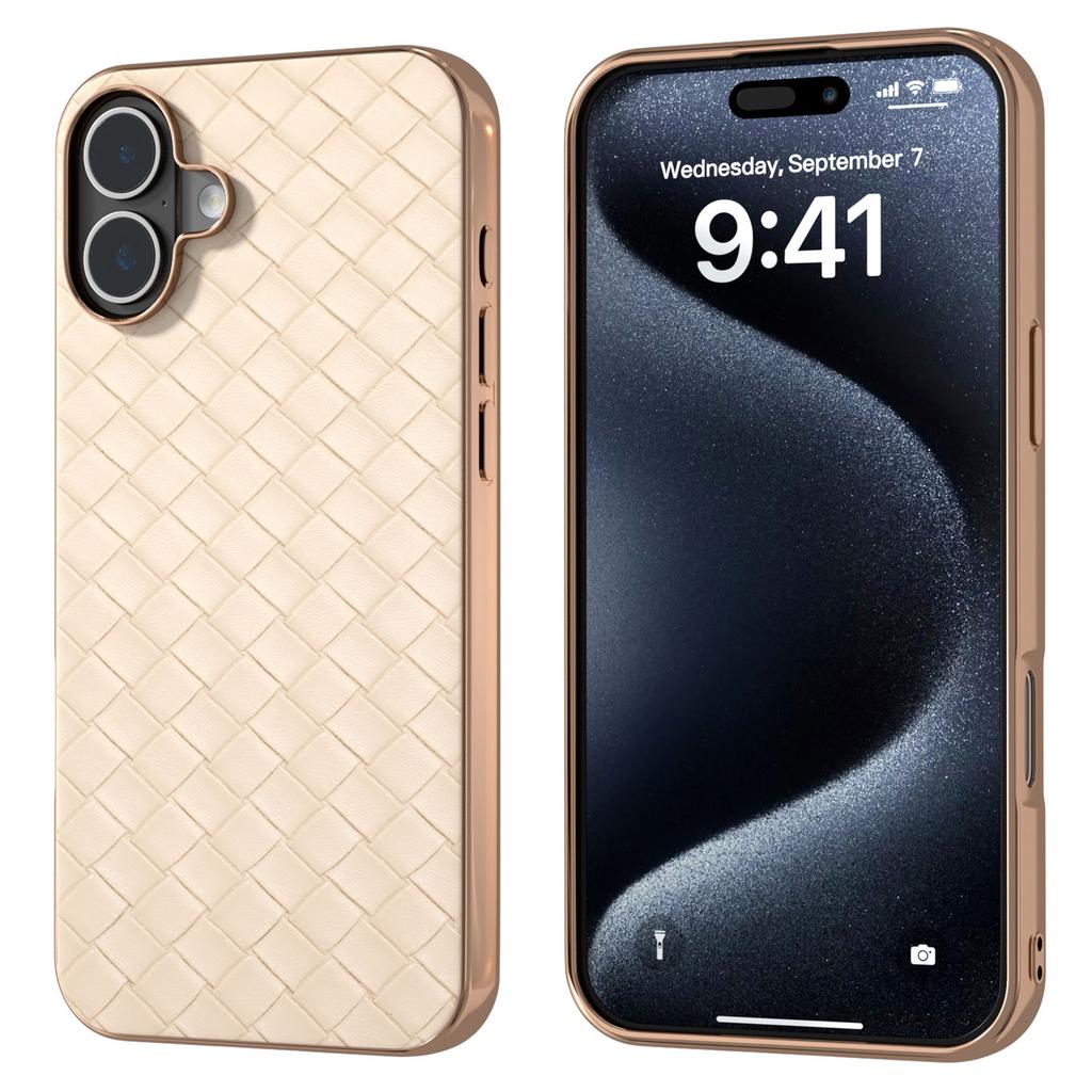 For iPhone 16 Plus Case Woven Texture Electroplating Edge Leather Coated PC+TPU Phone Cover
