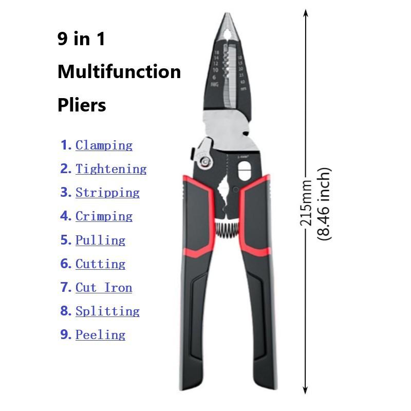 

9-in-1 Multifunctional Electrician Pliers 8.5 Inch Long Nose Pliers Cable Stripping Terminal Crimping Tool