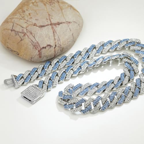Takeda Jewelry Men's Iced Out Cuban Chain Necklace, Silver and Blue Rhinestones, Wide Chain, Street Style Accessory, 45/50/55cm (55cm)