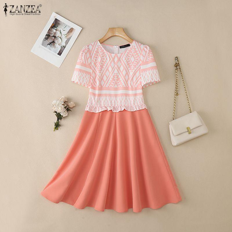 ZANZEA Women Summer Round Neck Casual Short Sleeve Print Dress