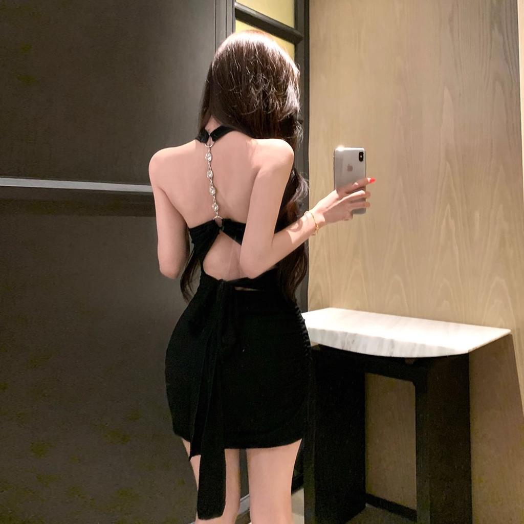 Celebrity Chain Neck Strap Evening Dress Suspender Skirt Women's Summer Pure Desire Sexy Backless Waist Dress