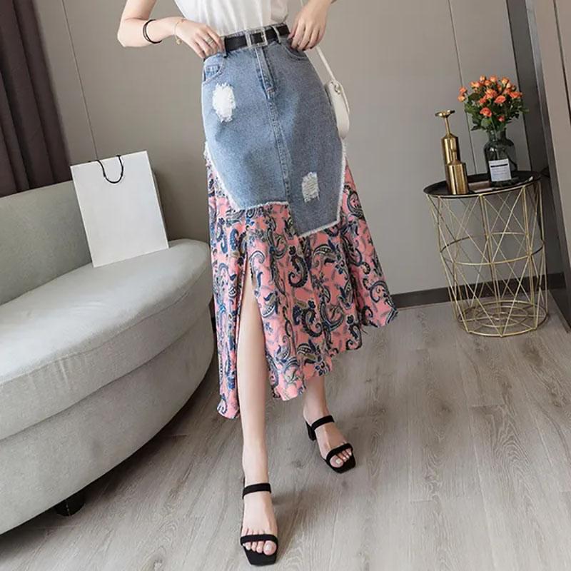 Floral Skirts Womens Medieval Pleated Long Goth Skirt A-LINE Irregular Denim Spliced Chiffon Jean Beach Maxi Skirt Y2k Summer