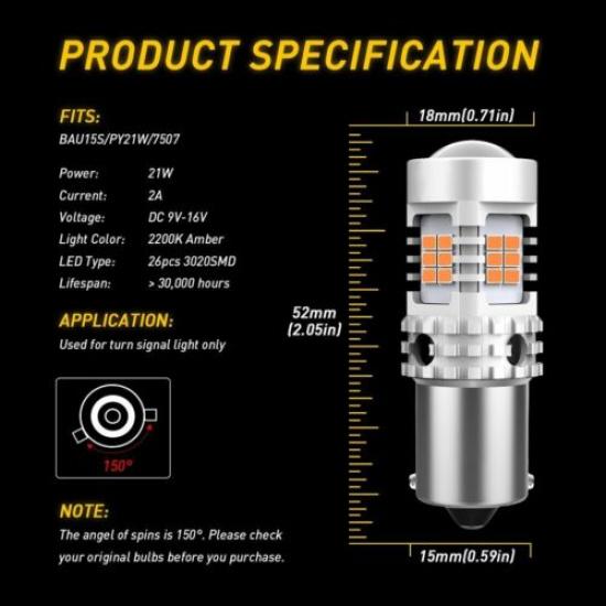BAU15S PY21W 7507 LED Turn Signal Light Bulb Anti Hyper Flash Amber Yellow 2200K