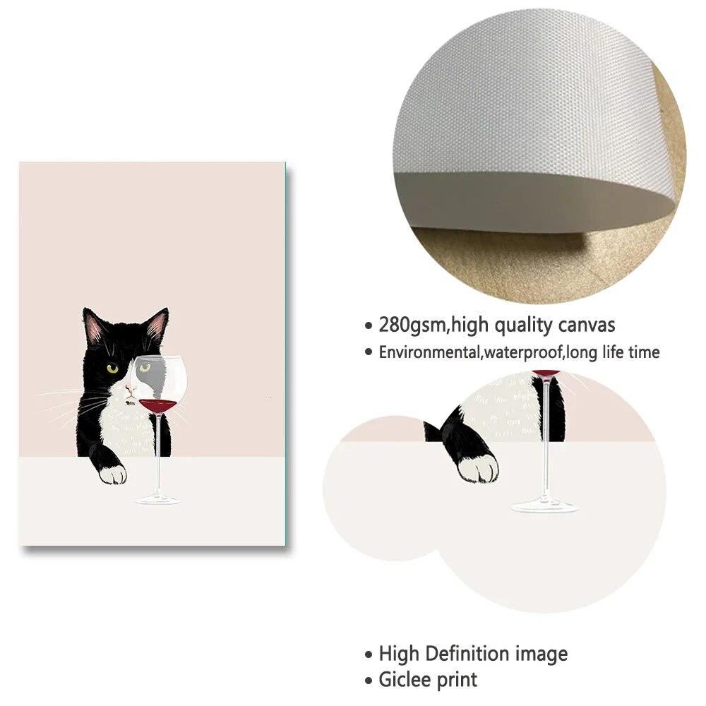 Funny Cat Poster White Cats Taste Red Wine Canvas Painting Cat Lover Gifts Kitchen Wall Art Pictures for Living Room Home Decor