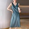 2025 Women's Long Satin Sleeveless Summer Dress - Over the Knee, Solid Color, Large Size