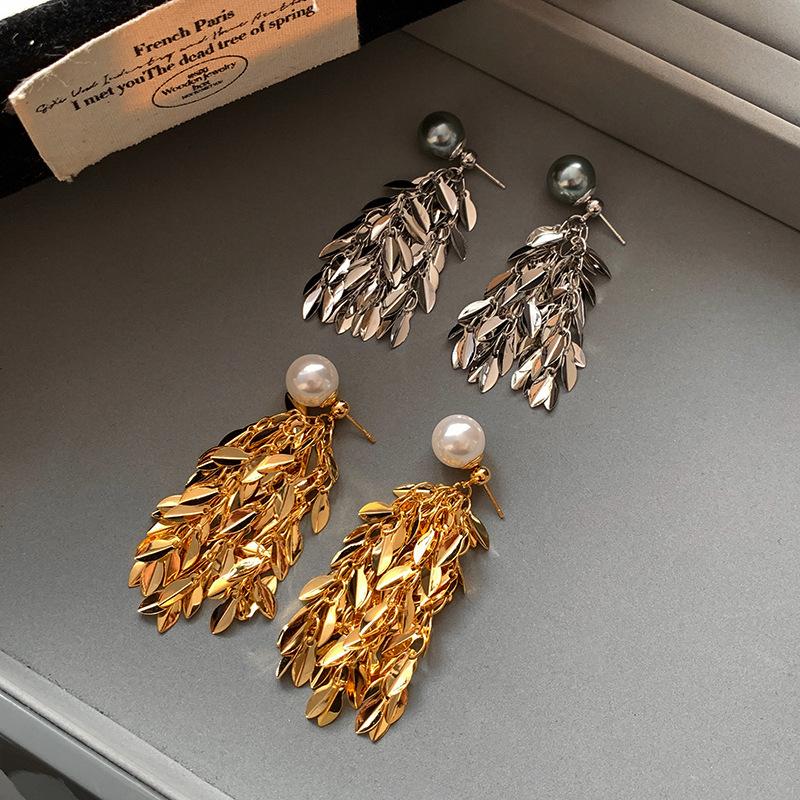 Silver Needle Gold Wheat Ear Leaf Fringed Pearl Earrings Women's High-end Stud Earrings