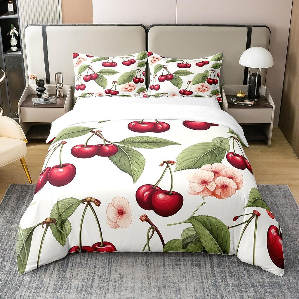 Comforter Pink Cherry Queen Size Cute Cartoon Fruit Comforter With Girl Kid Woman Breathable Bedding Set