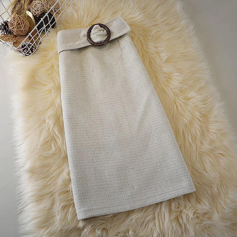 Winter Fashion Korean Edition High Waist Shiny Silk Small Fragrant Fur Temperament Mid Length A-line Split Skirt