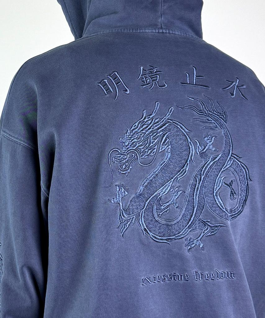 Vintage Dragon Embroidery Oversized Pigment Hoodie (Washed Blue)