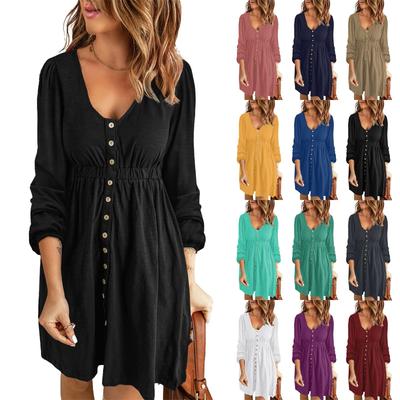 Women's Casual Loose V-Neck Neck Waist Buttoned Long Sleeve Dress