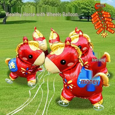 Poney à Roulettes Ballon en Aluminium pour le Nouvel An - Décoration Année du Cheval pour Événements