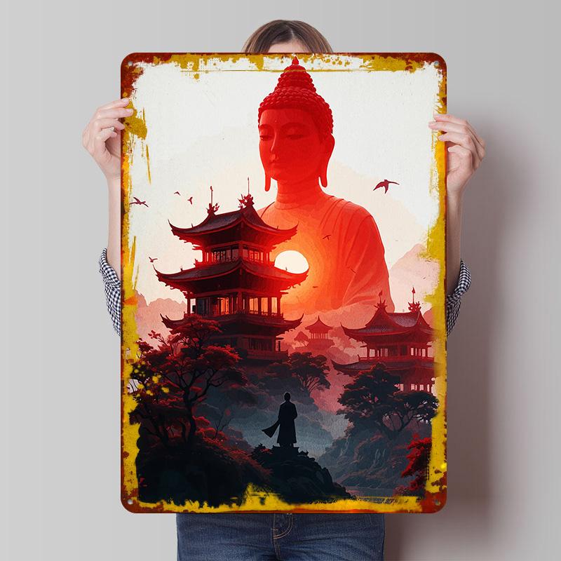

Buddha and Pagodas Landscape Printed Poster Customized Wall Art Retro Vintage Metal Tin Signs for Decoration Room Desk Decor 7.9x11.8In(20x30cm)