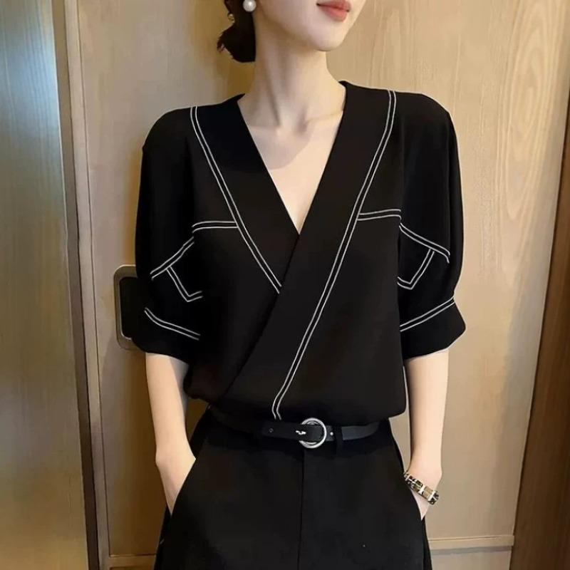 Women Black V Neck Short Sleeve Loose Solid Casual Commute Shirt S чёрный