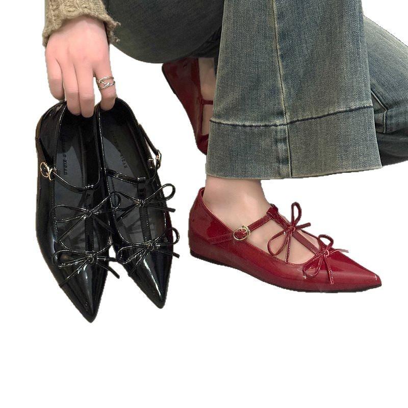 Inner Height Increase Pointed Patent Leather Spring Mary Jane Women's Double 2025 Bow Retro Single Shoes Small New Women's Shoes