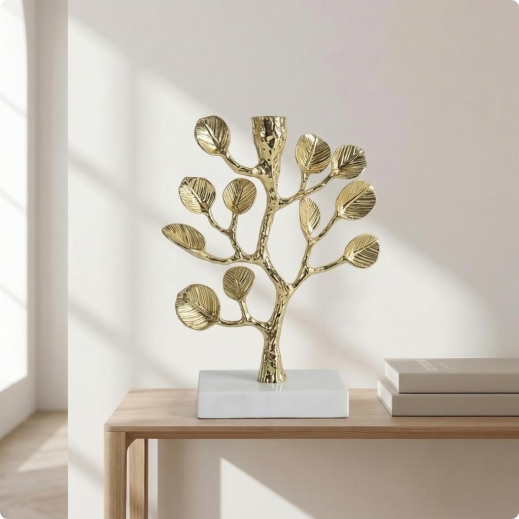 Tree Branch Candlestick Metal Candle Holder with Marble Base Decor Tabletop Elegant for Living Room, Entryway