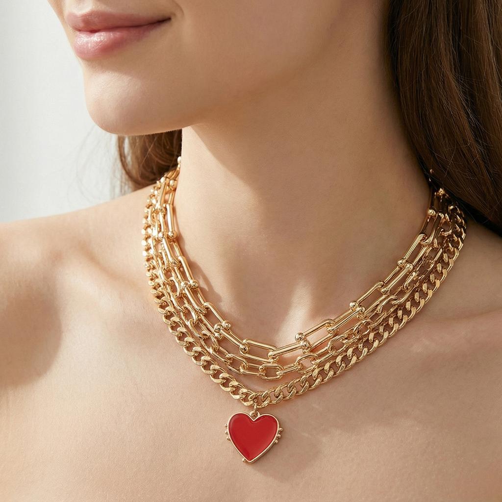 ins cold wind stacked with multi-layer red love necklace, European and American fashion choker hip hop hiphop collarbone chain