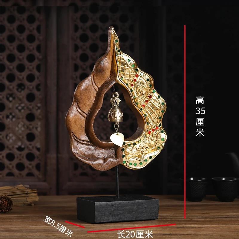 

Thai Handmade Bodhi Leaf Wood Carving Zen Tea Room Ornament Living Room Bell Decoration Home Decorative Artwork