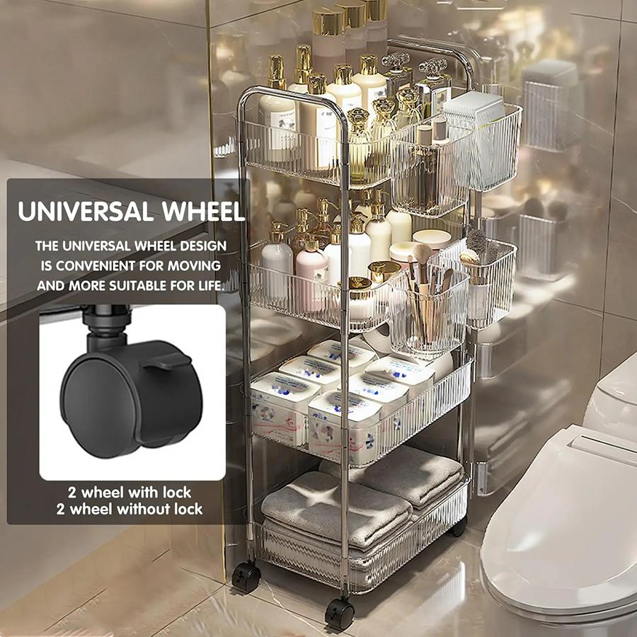Light Luxury Storage Rack Trolley 2/3/4 Layers Transparent Acrylic Rolling Cart With Removable Hanging Baskets Snacks Bookshelf