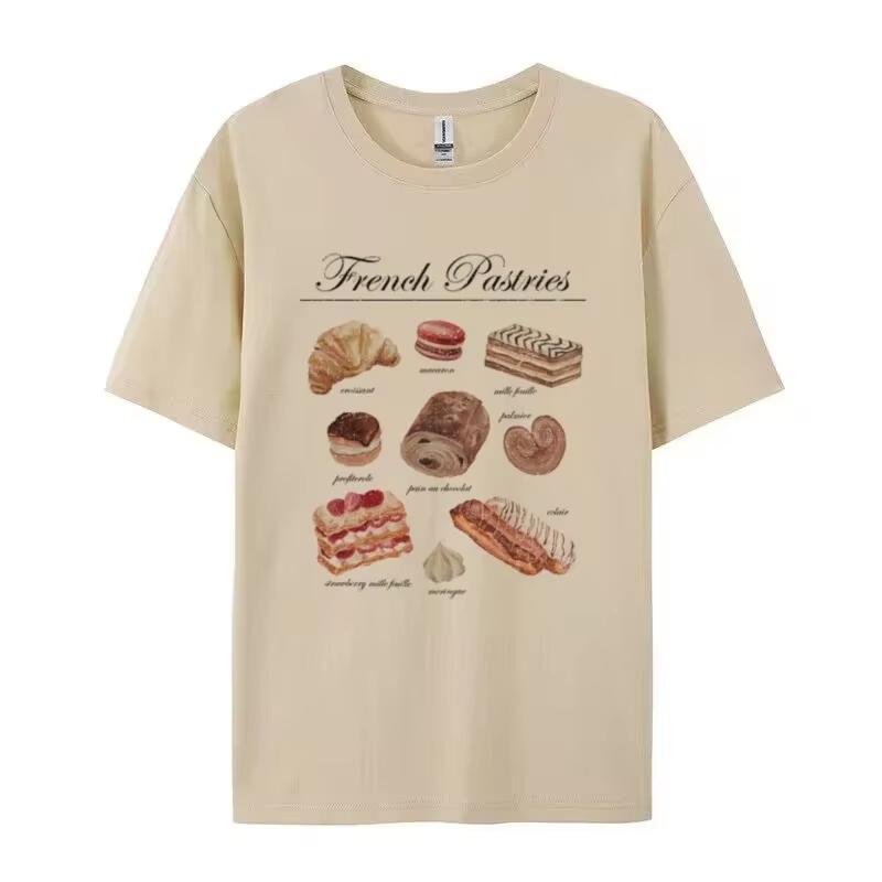 

French Pastries Graphic Tees Cotton Women Vintage Boho TShirt Cutee Baking T Shirt Aesthetic Foodie Shirt Desserts Lover 4XL