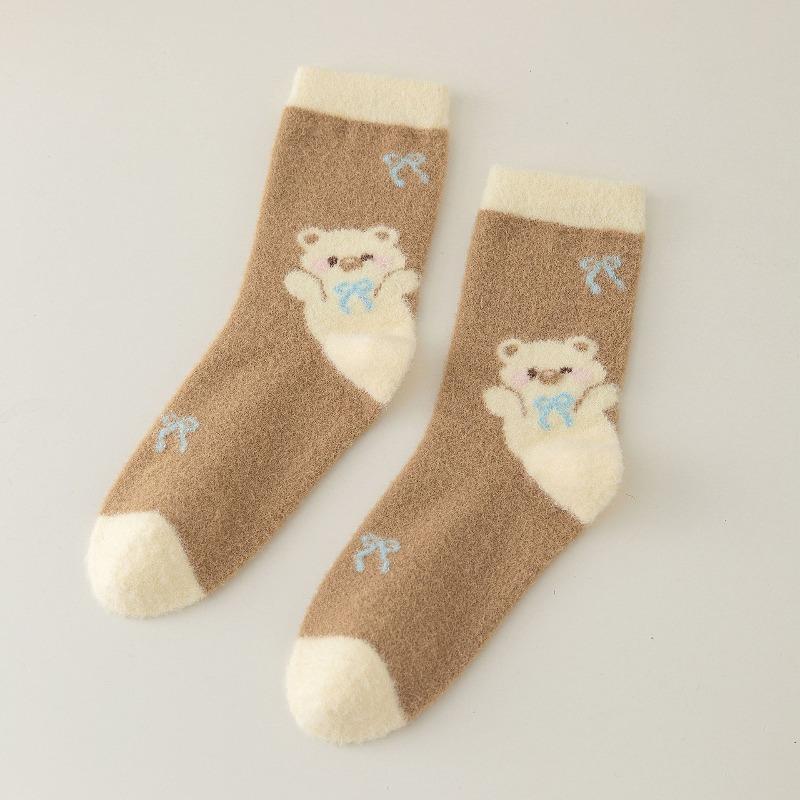 Autumn and Winter Coffee-colored Bear Australian Fleece Mid-calf Socks, Thickened, Warm and Cute Home Floor Socks