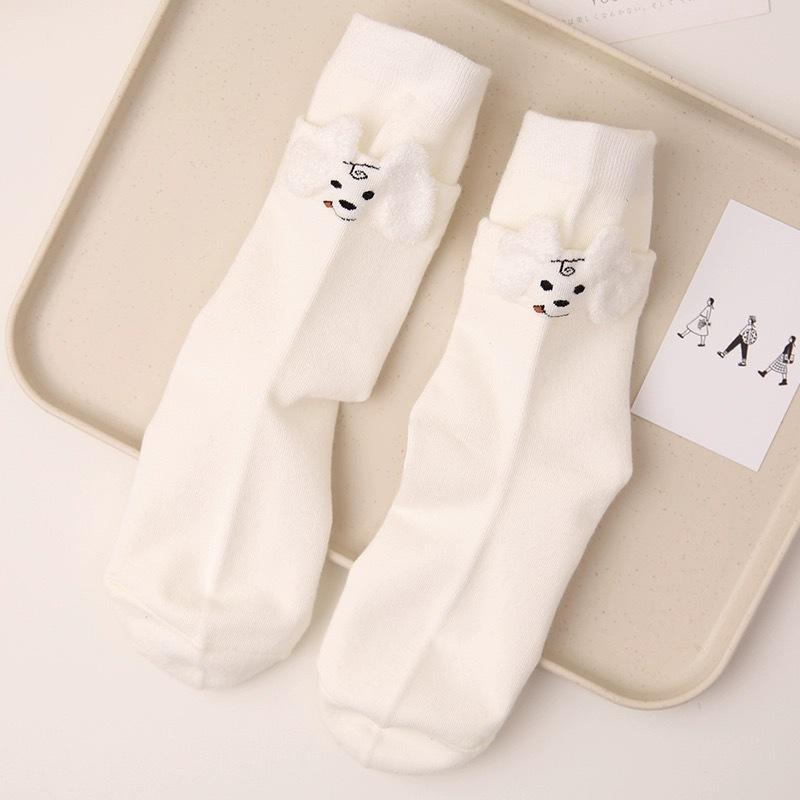 

Трехмерные носки до середины икры из хлопка с перьями из тюля и полосками щенка с двойным разрезом, модные и милые креативные женские носки из двух частей 1 pair белый