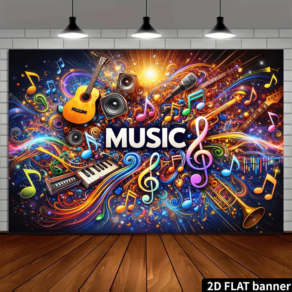 2D Colorful Music Theme Backdrop Guitar Microphone Colorful Music Notes Colorful Printed with MUSIC Durable No Power Required For Music