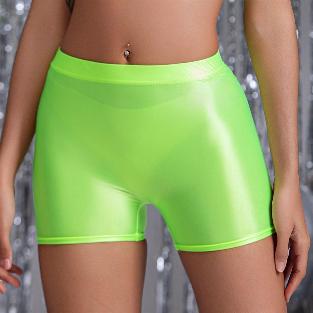 Pantaloncini sportivi attillati da donna, sexy, di media lunghezza, effetto lucido