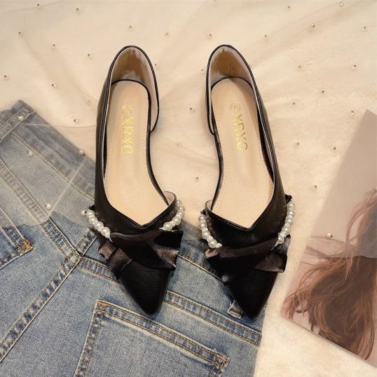 Xianfeng with skirt single shoes large size flat shoes spring and autumn pointed head shallow mouth pearl beanie shoes