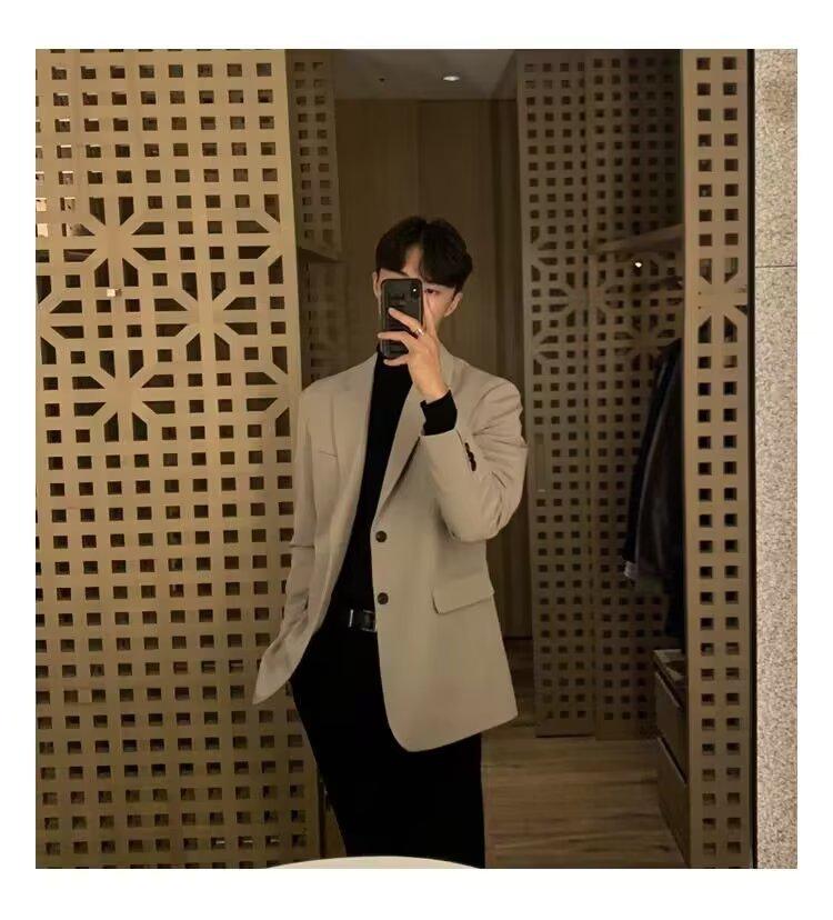 Men's High-End Black Casual Blazer - Korean Style with Shoulder Pads